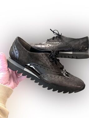 RARE Paul Green Metallic Suede Patent Black Leather Brogue Oxford Size 8.5 •UK 6